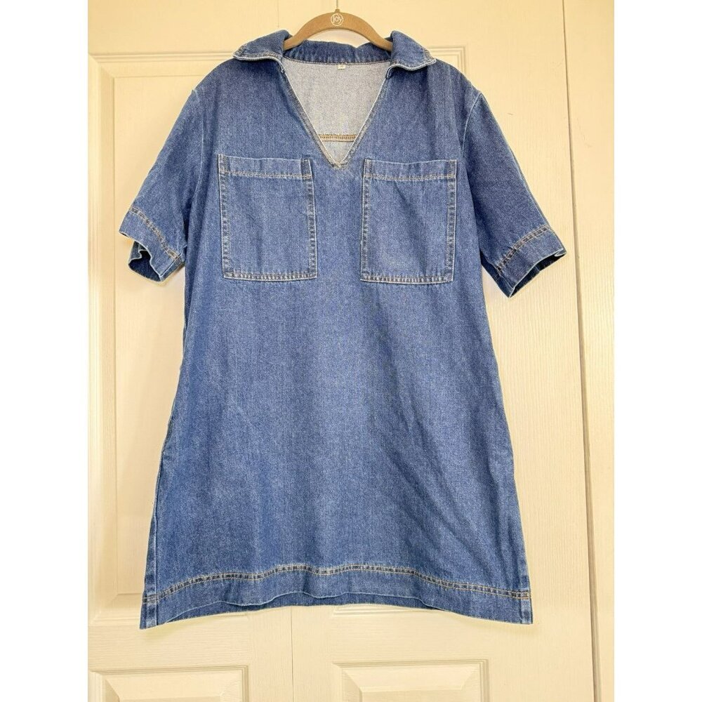Denim Shift Dress Medium Blue Cotton Collared Pocket Casual Mini - Picture 2 of 8